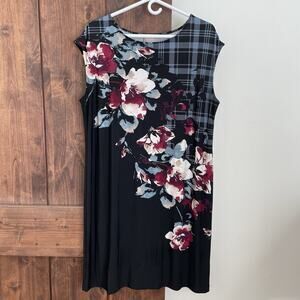 Chico's Bouquet Print Knee Length Shift Dress Womens 3 XL Liquid Knit Black